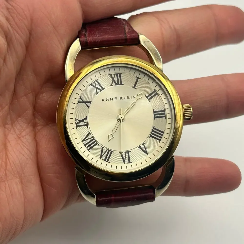 Anne Klein Gold Tone Red Genuine Leather Roman Numerals Markers Women’s Watch